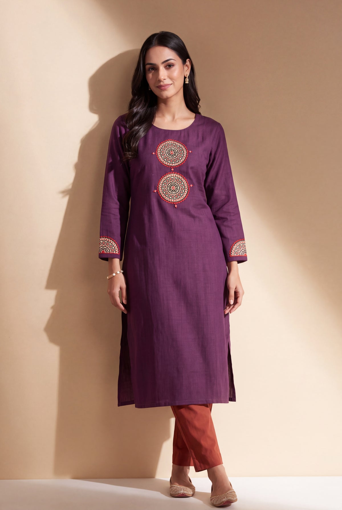 Wine Mandala Patchwork Kurti with Mirrorwork embroidery