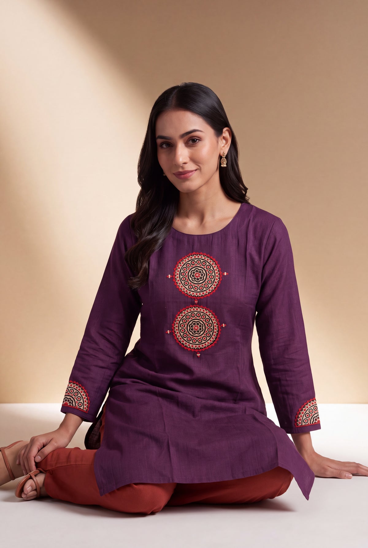 Wine Mandala Patchwork Kurti with Mirrorwork embroidery
