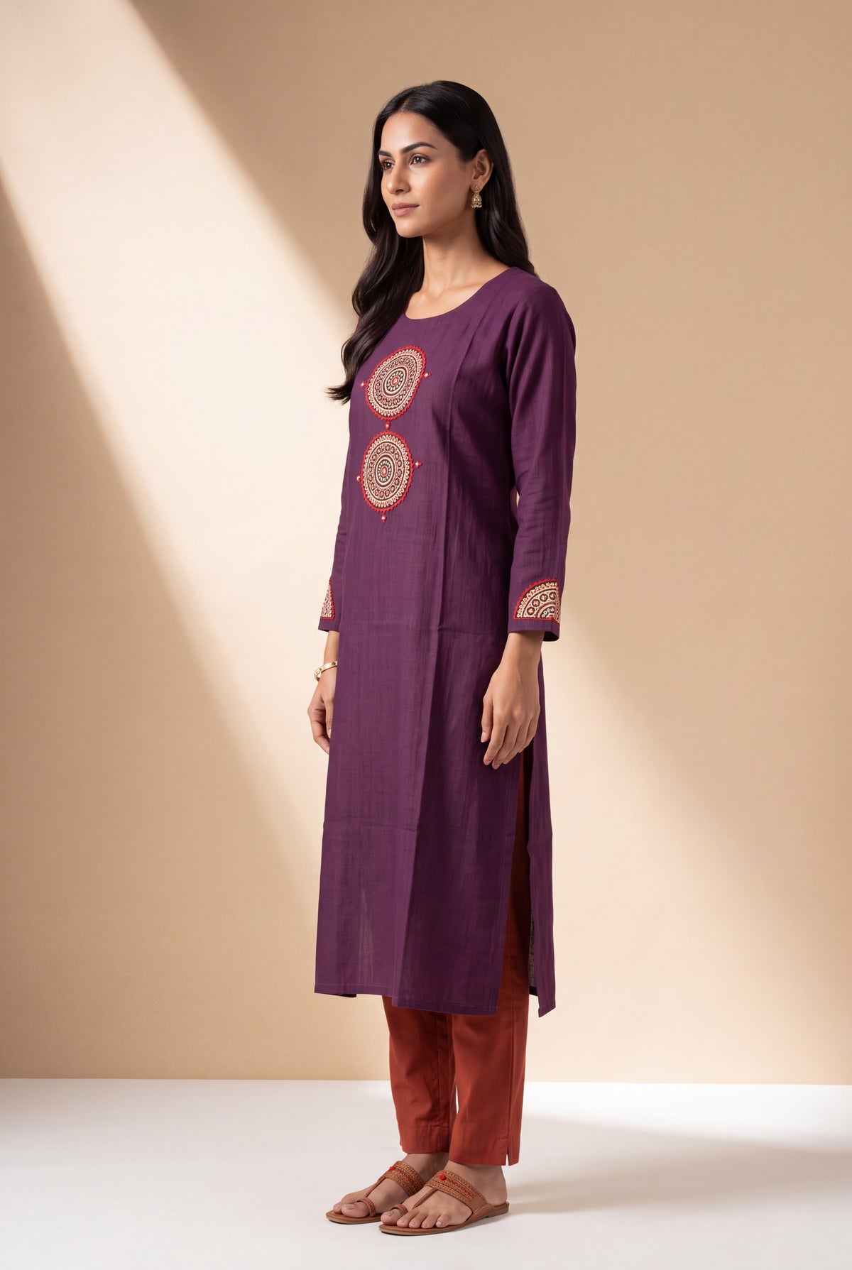 Wine Mandala Patchwork Kurti with Mirrorwork embroidery