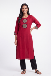 Red Mandala Patchwork Kurti with Mirrorwork embroidery