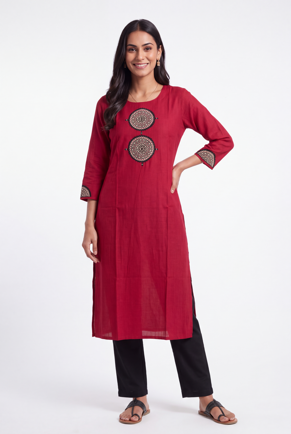 Red Mandala Patchwork Kurti with Mirrorwork embroidery