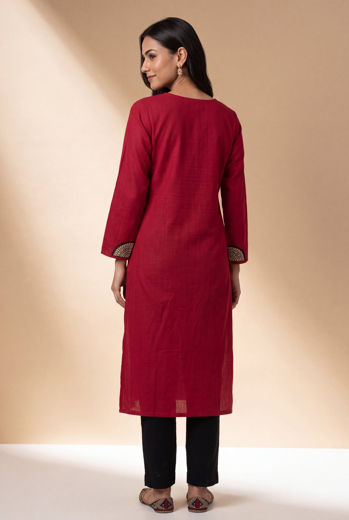 Red Mandala Patchwork Kurti with Mirrorwork embroidery
