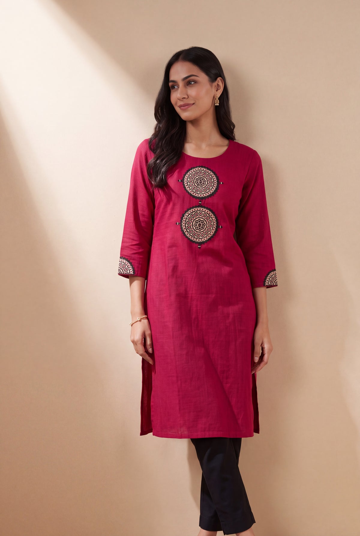 Red Mandala Patchwork Kurti with Mirrorwork embroidery