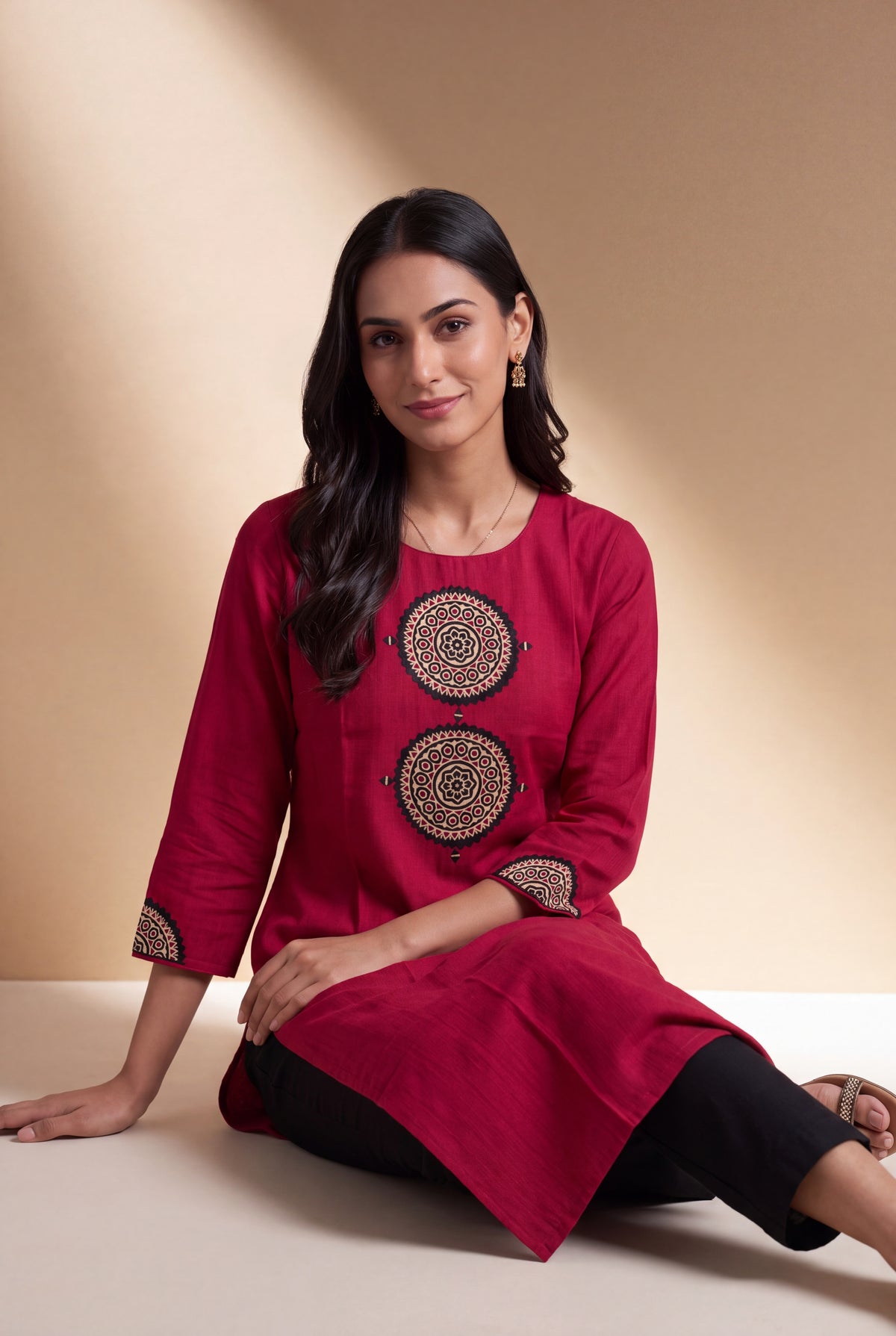 Red Mandala Patchwork Kurti with Mirrorwork embroidery