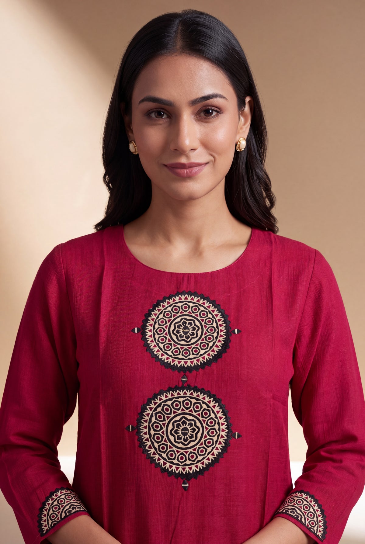 Red Mandala Patchwork Kurti with Mirrorwork embroidery