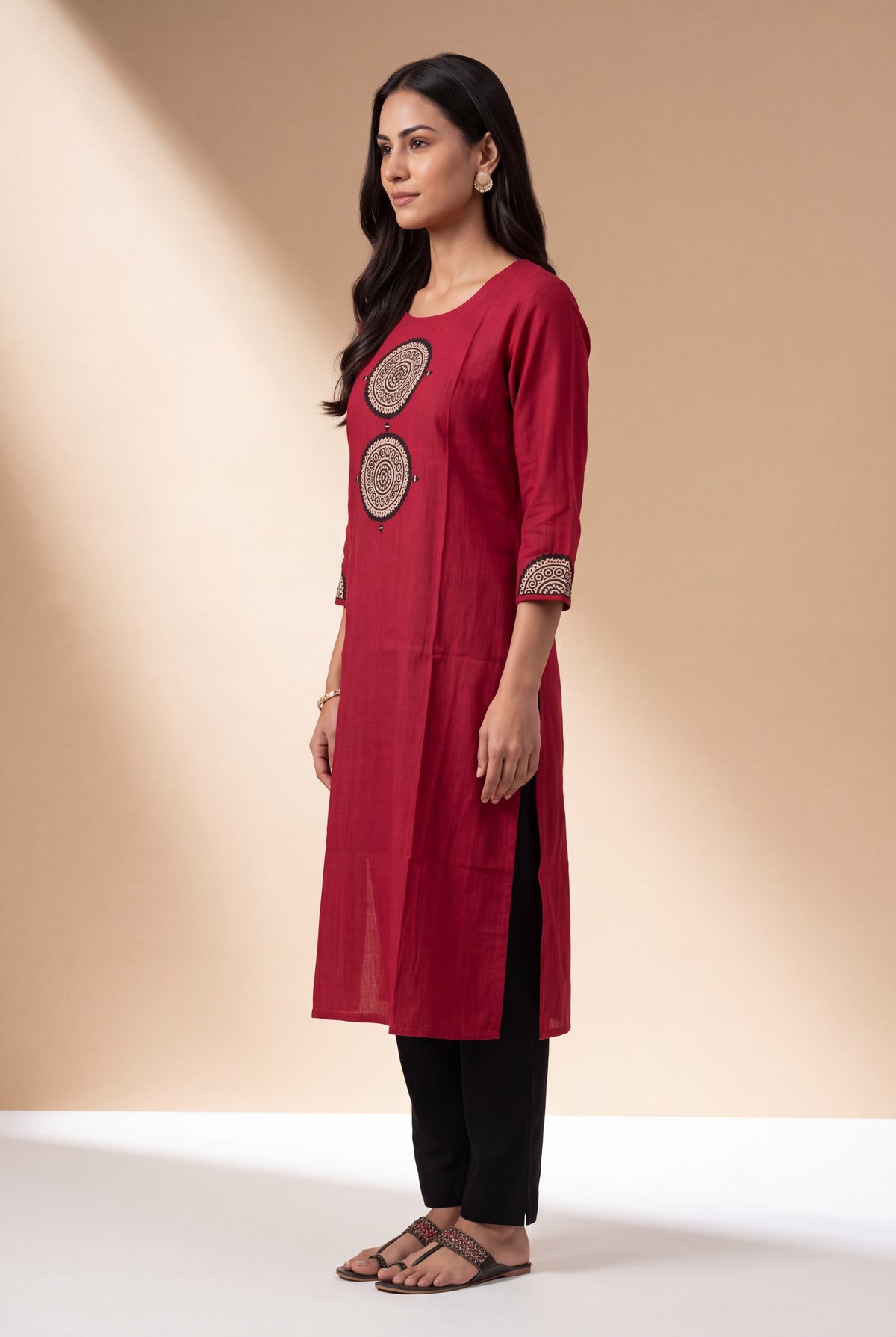 Red Mandala Patchwork Kurti with Mirrorwork embroidery