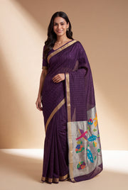 Plum Purple Jamdhani Cotton Paithani Saree with Resham stripes, Zari butti, Sequins work and Yāminī Kusumāvalī Pallu