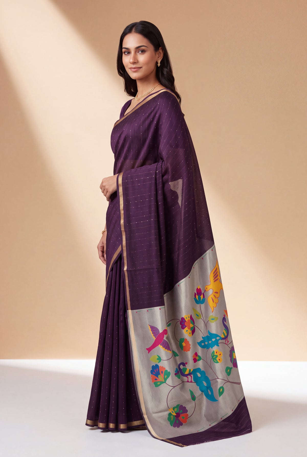 Plum Purple Jamdhani Cotton Paithani Saree with Resham stripes, Zari butti, Sequins work and Yāminī Kusumāvalī Pallu