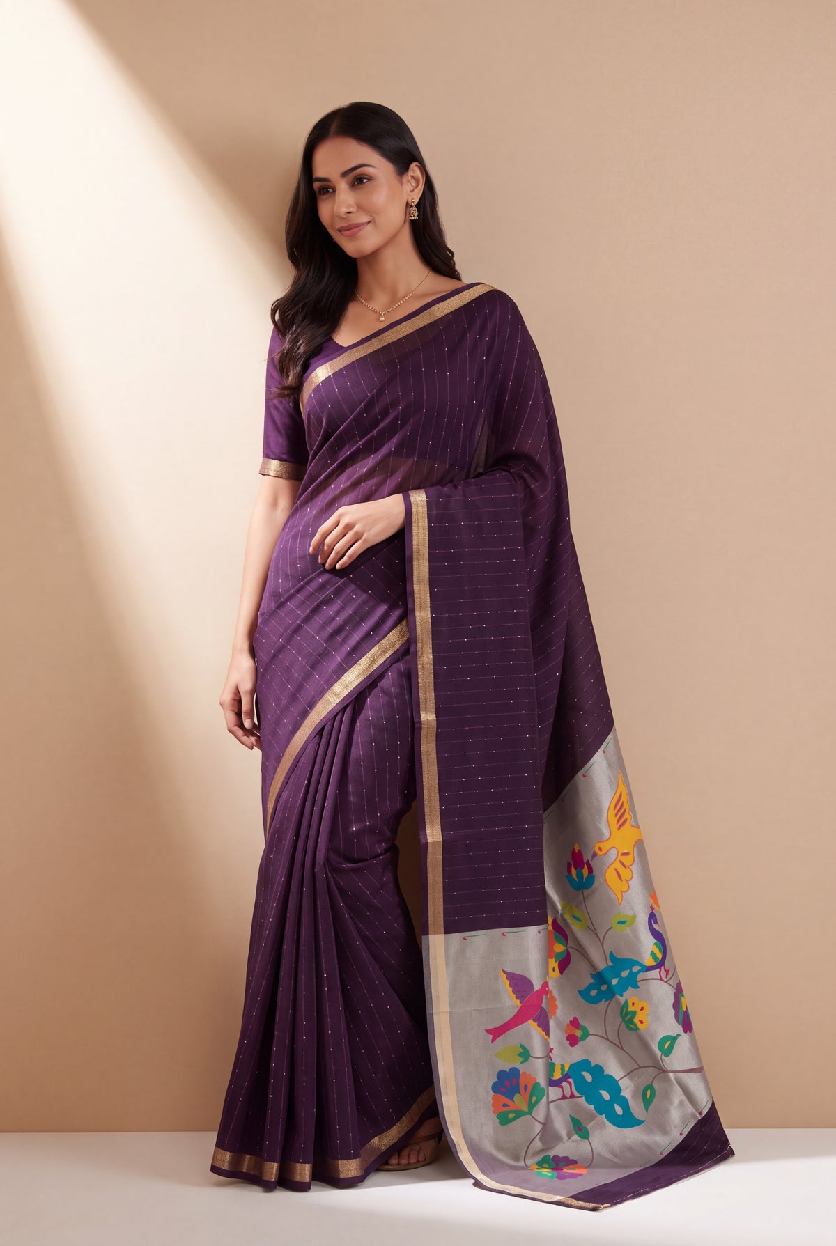 Plum Purple Jamdhani Cotton Paithani Saree with Resham stripes, Zari butti, Sequins work and Yāminī Kusumāvalī Pallu