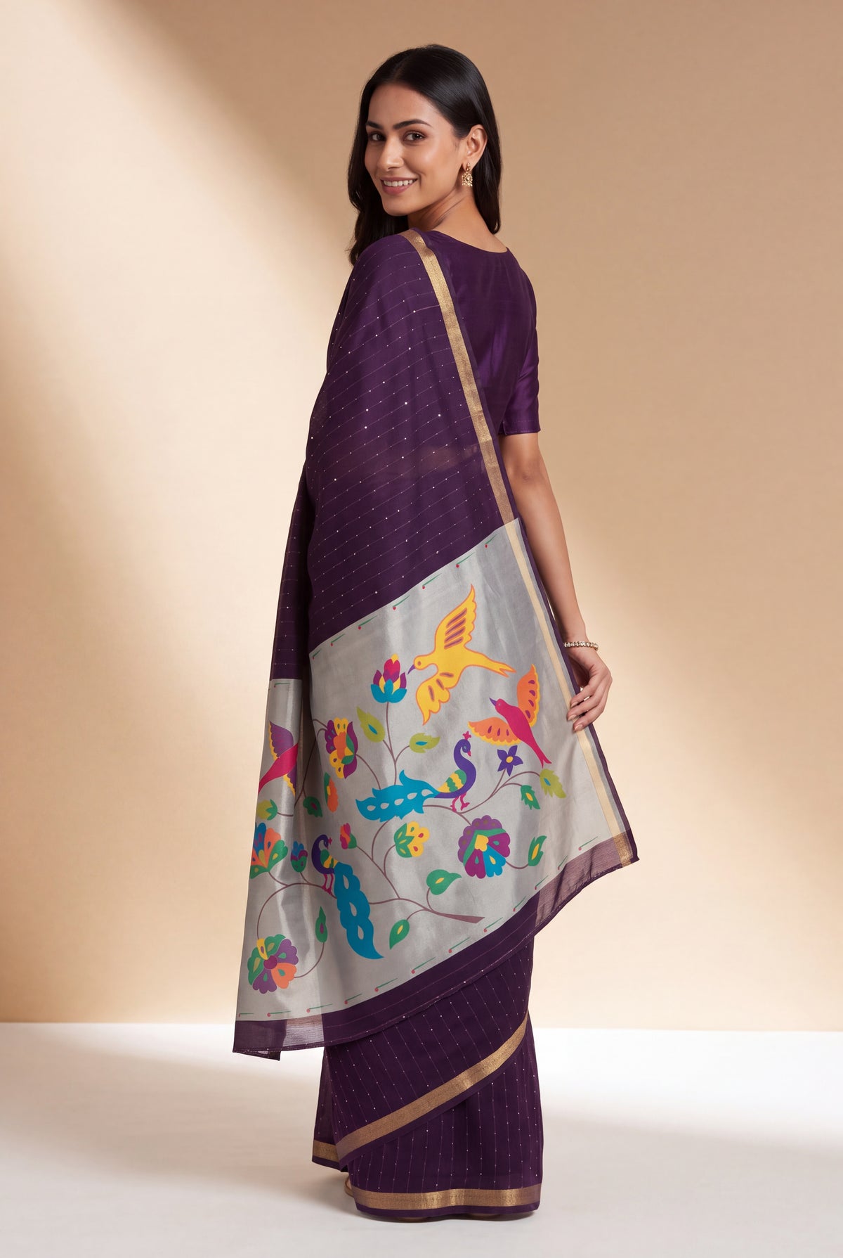 Plum Purple Jamdhani Cotton Paithani Saree with Resham stripes, Zari butti, Sequins work and Yāminī Kusumāvalī Pallu