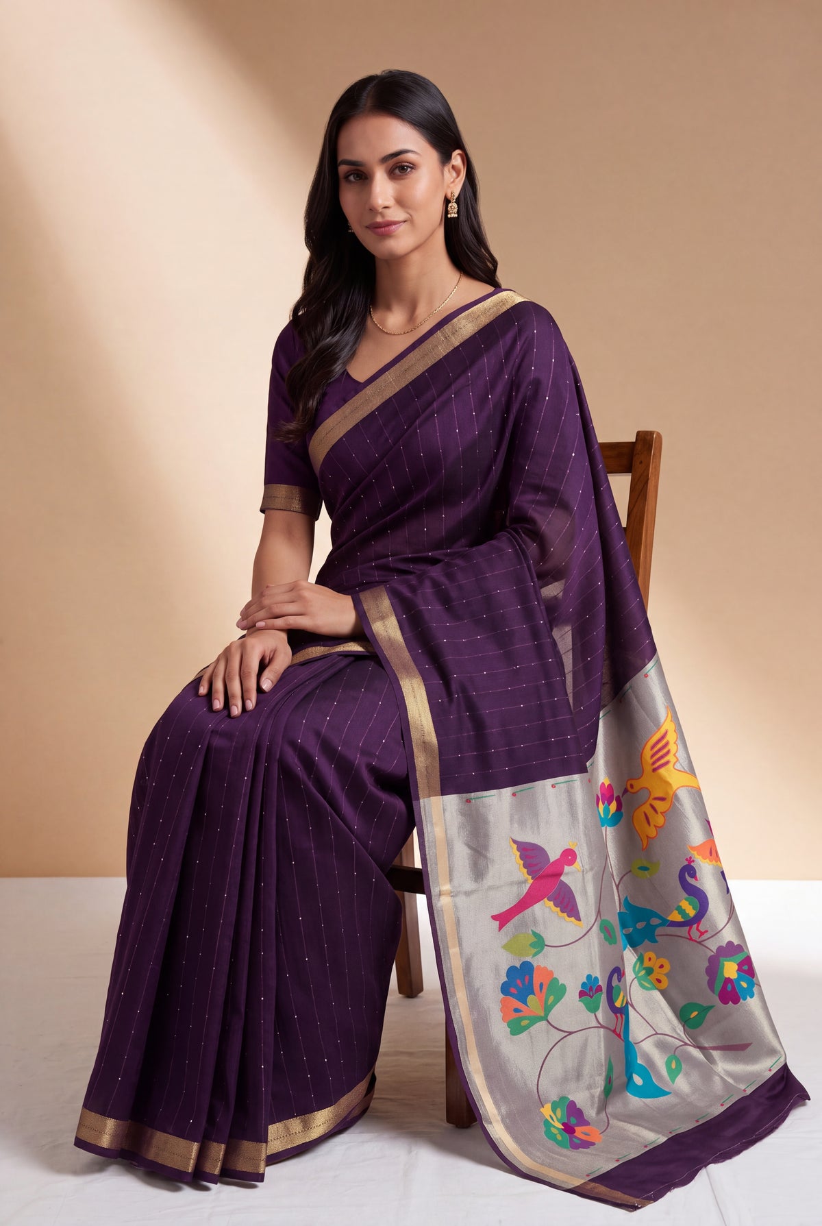 Plum Purple Jamdhani Cotton Paithani Saree with Resham stripes, Zari butti, Sequins work and Yāminī Kusumāvalī Pallu