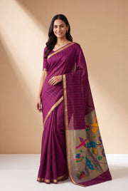 Cherry Pink Jamdhani Cotton Paithani Saree with Resham stripes, Zari butti, Sequins work and Yāminī Kusumāvalī Pallu