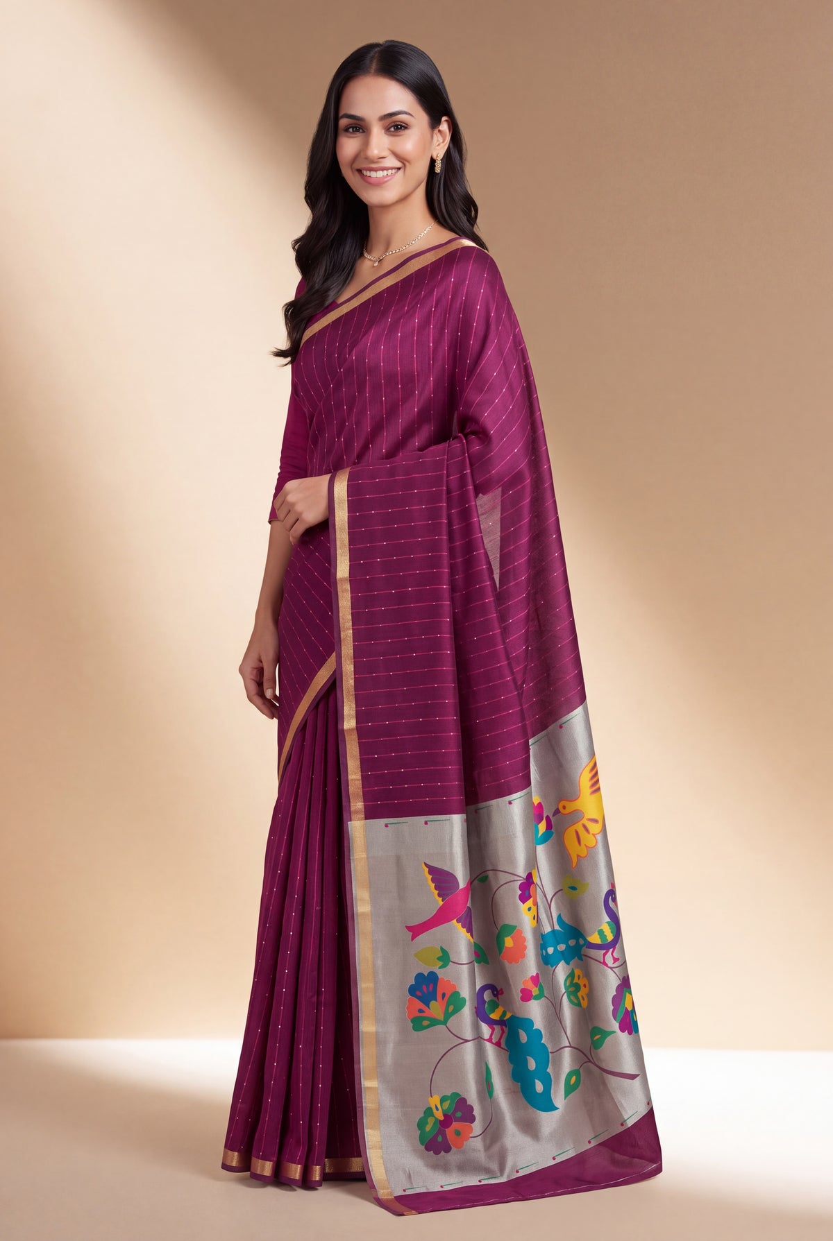 Cherry Pink Jamdhani Cotton Paithani Saree with Resham stripes, Zari butti, Sequins work and Yāminī Kusumāvalī Pallu