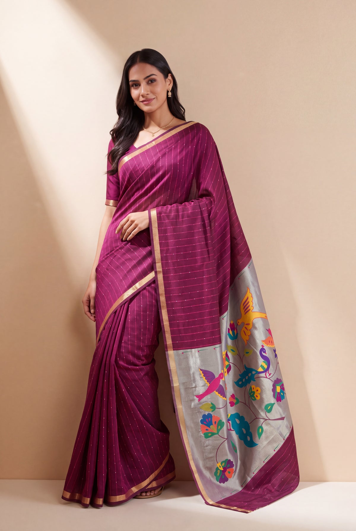 Cherry Pink Jamdhani Cotton Paithani Saree with Resham stripes, Zari butti, Sequins work and Yāminī Kusumāvalī Pallu
