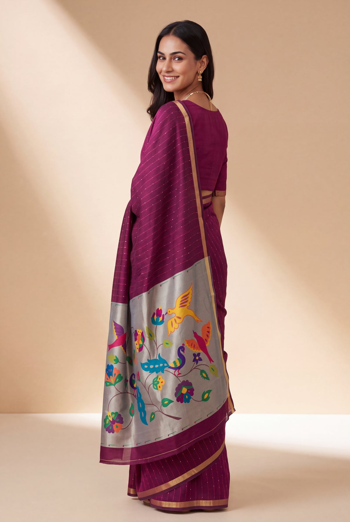 Cherry Pink Jamdhani Cotton Paithani Saree with Resham stripes, Zari butti, Sequins work and Yāminī Kusumāvalī Pallu
