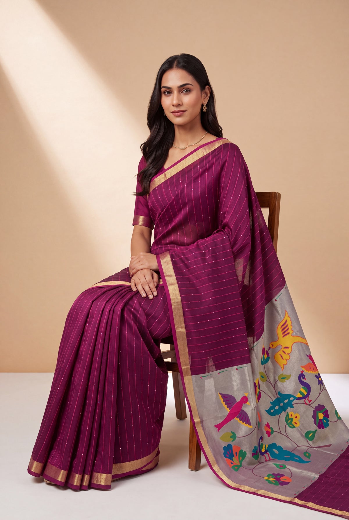 Cherry Pink Jamdhani Cotton Paithani Saree with Resham stripes, Zari butti, Sequins work and Yāminī Kusumāvalī Pallu