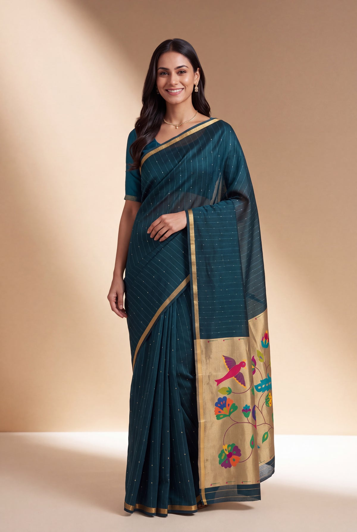 Sapphire Blue Jamdhani Cotton Paithani Saree with Resham stripes, Zari butti, Sequins work and Yāminī Kusumāvalī Pallu
