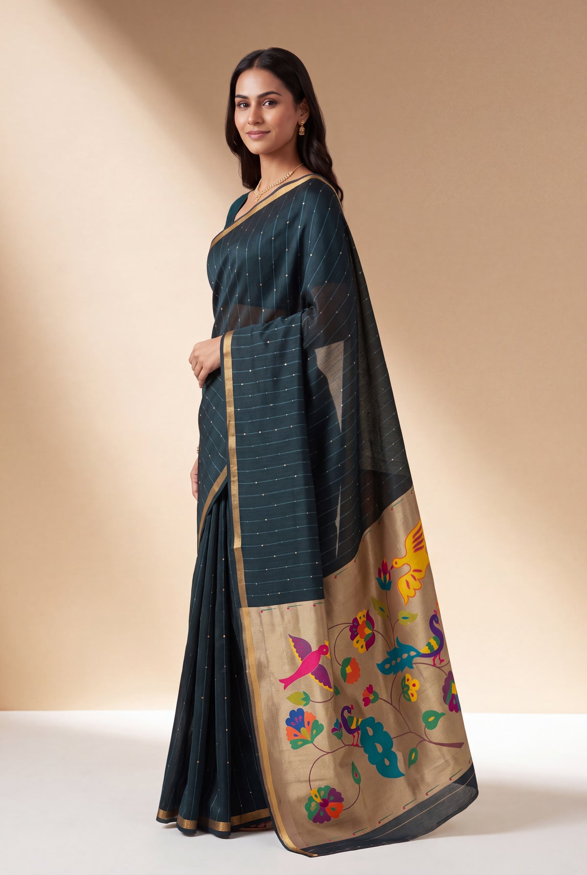 Sapphire Blue Jamdhani Cotton Paithani Saree with Resham stripes, Zari butti, Sequins work and Yāminī Kusumāvalī Pallu