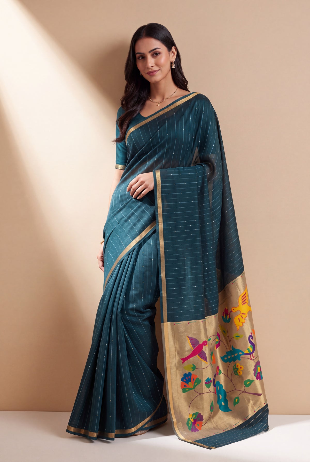 Sapphire Blue Jamdhani Cotton Paithani Saree with Resham stripes, Zari butti, Sequins work and Yāminī Kusumāvalī Pallu