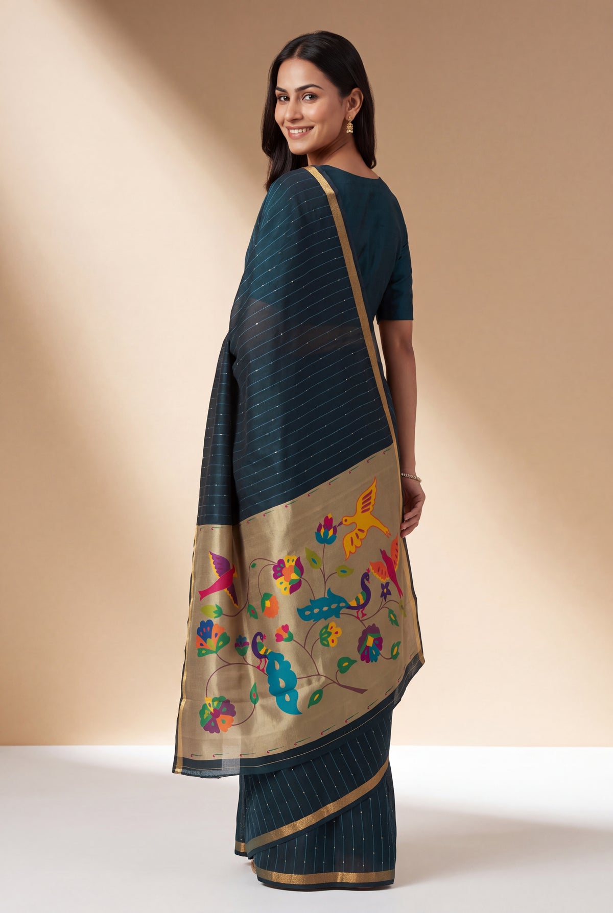Sapphire Blue Jamdhani Cotton Paithani Saree with Resham stripes, Zari butti, Sequins work and Yāminī Kusumāvalī Pallu