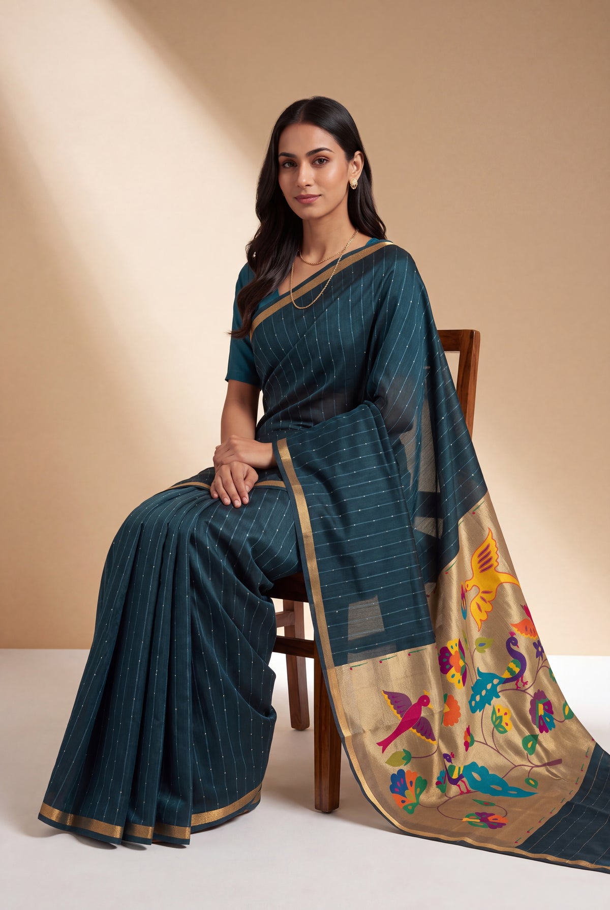Sapphire Blue Jamdhani Cotton Paithani Saree with Resham stripes, Zari butti, Sequins work and Yāminī Kusumāvalī Pallu