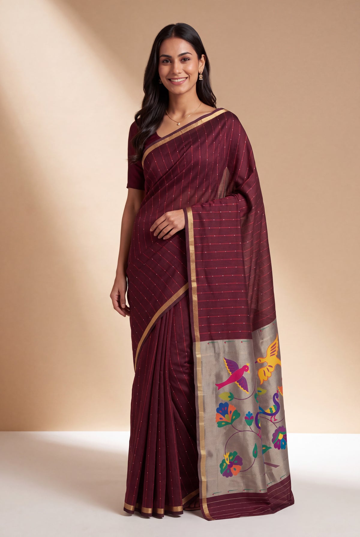 Burgundy Red Jamdhani Cotton Paithani Saree with Resham stripes, Zari butti, Sequins work and Yāminī Kusumāvalī Pallu
