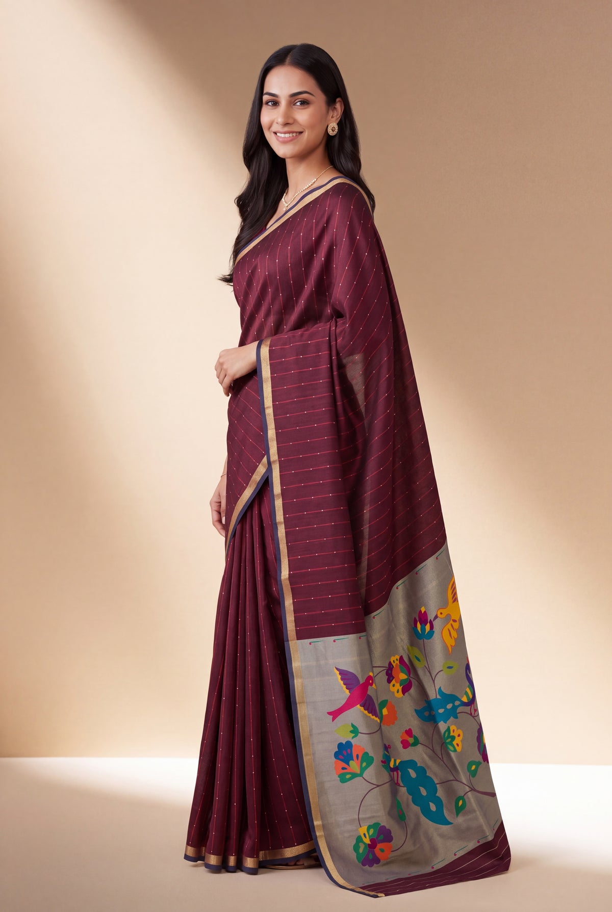 Burgundy Red Jamdhani Cotton Paithani Saree with Resham stripes, Zari butti, Sequins work and Yāminī Kusumāvalī Pallu