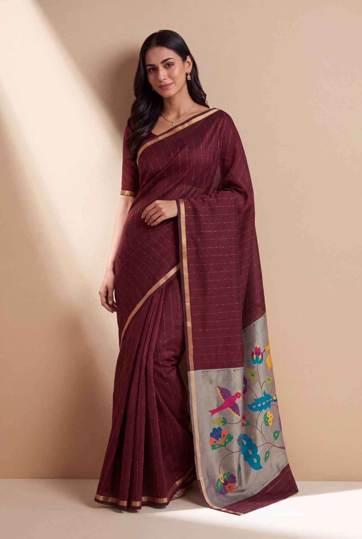 Burgundy Red Jamdhani Cotton Paithani Saree with Resham stripes, Zari butti, Sequins work and Yāminī Kusumāvalī Pallu