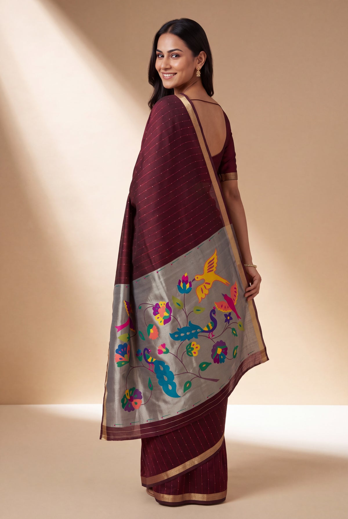 Burgundy Red Jamdhani Cotton Paithani Saree with Resham stripes, Zari butti, Sequins work and Yāminī Kusumāvalī Pallu