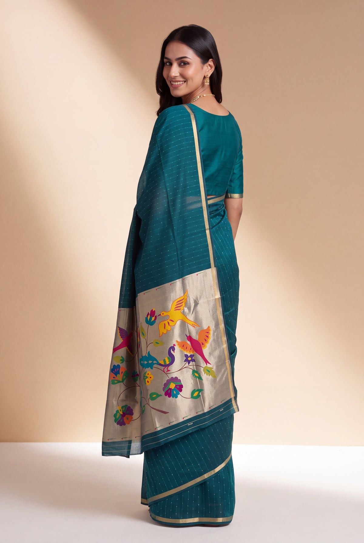 Peacock Green Jamdhani Cotton Paithani Saree with Resham stripes, Zari butti, Sequins work and Yāminī Kusumāvalī Pallu