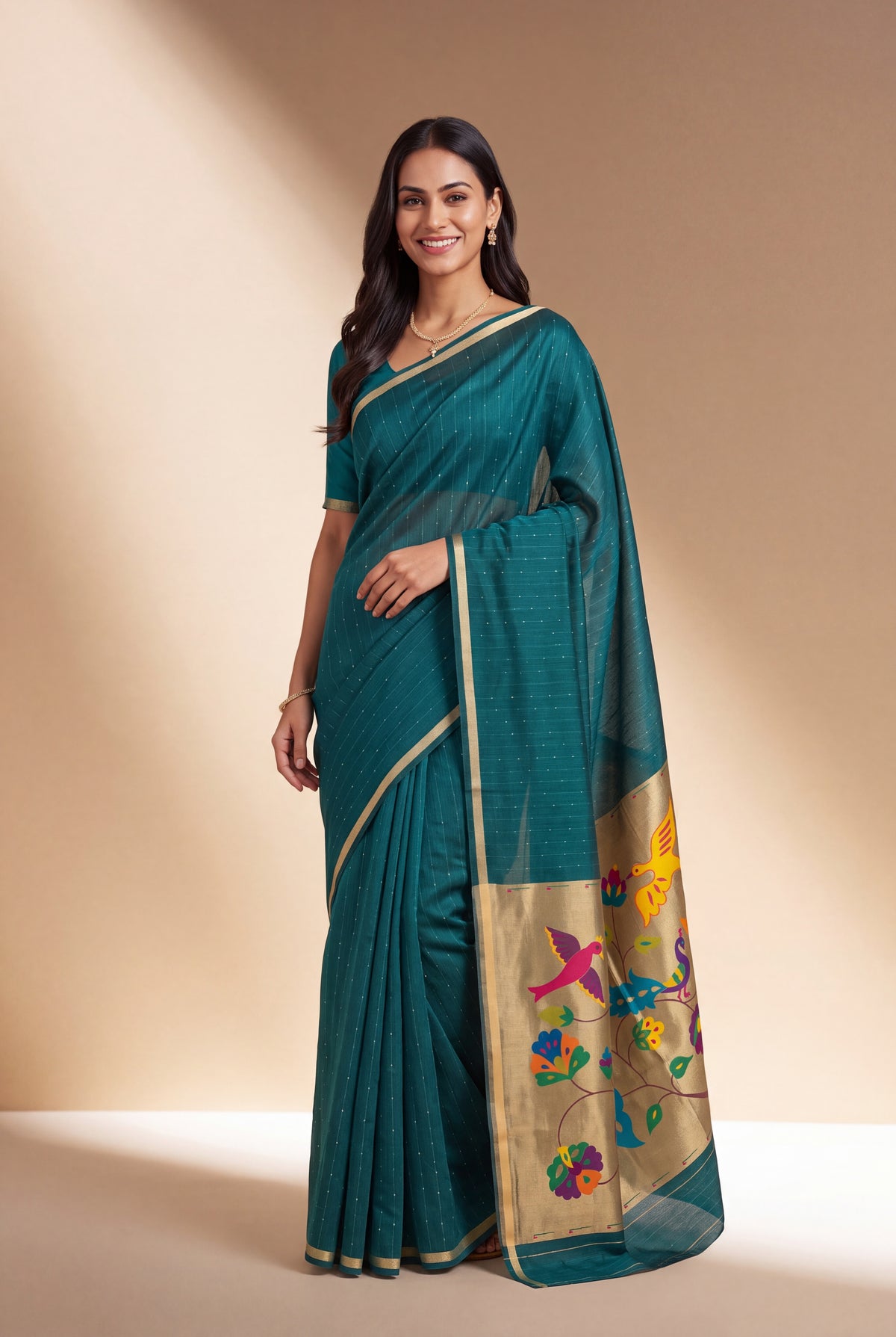 Peacock Green Jamdhani Cotton Paithani Saree with Resham stripes, Zari butti, Sequins work and Yāminī Kusumāvalī Pallu