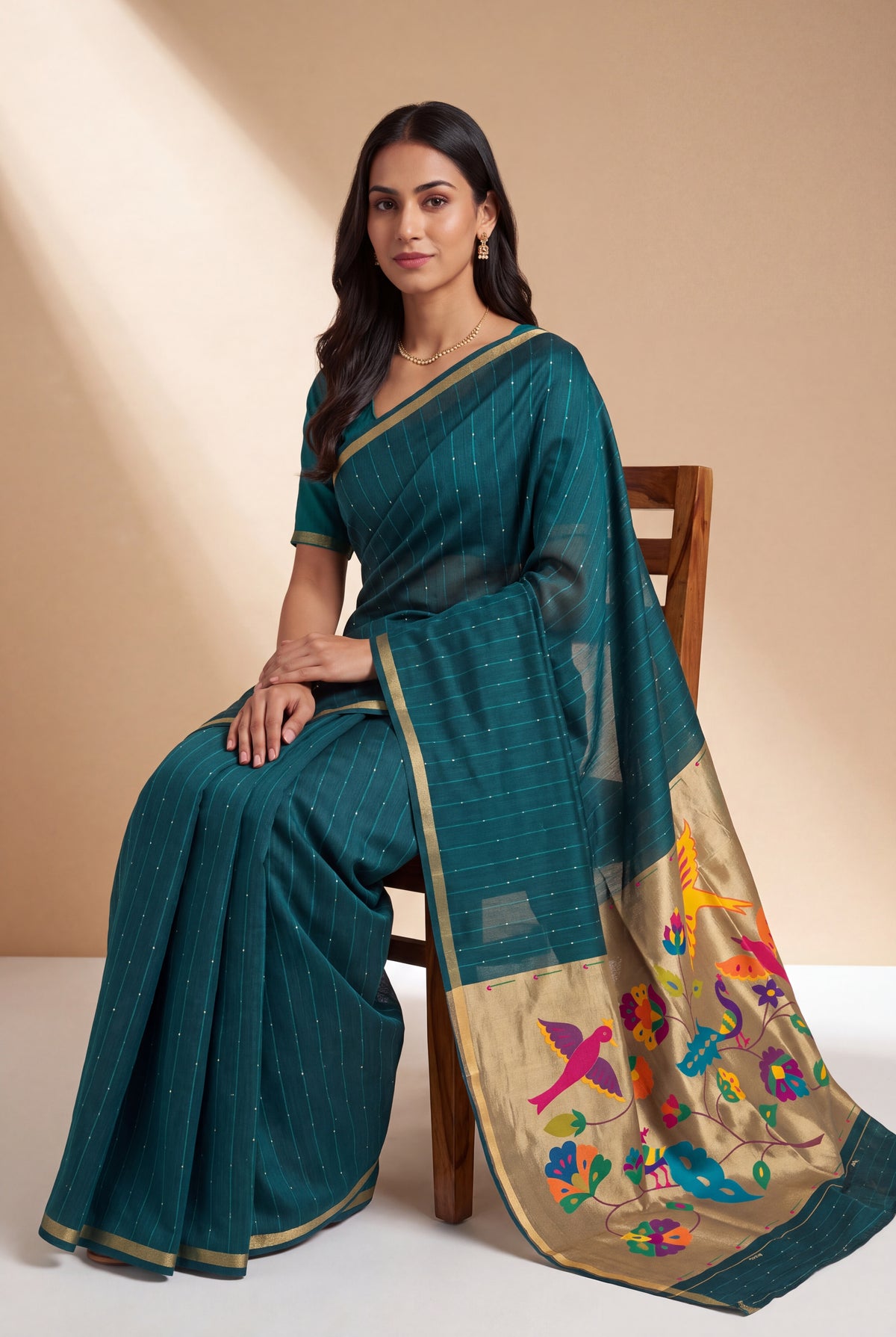 Peacock Green Jamdhani Cotton Paithani Saree with Resham stripes, Zari butti, Sequins work and Yāminī Kusumāvalī Pallu