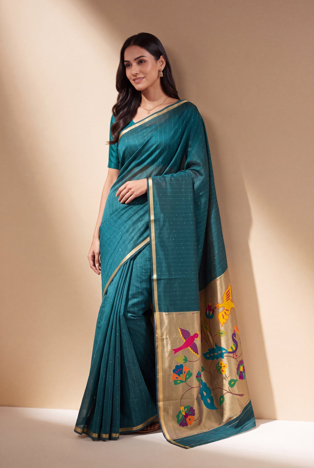 Peacock Green Jamdhani Cotton Paithani Saree with Resham stripes, Zari butti, Sequins work and Yāminī Kusumāvalī Pallu