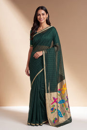 Bottle Green Jamdhani Cotton Paithani Saree with Resham stripes, Zari butti, Sequins work and Yāminī Kusumāvalī Pallu