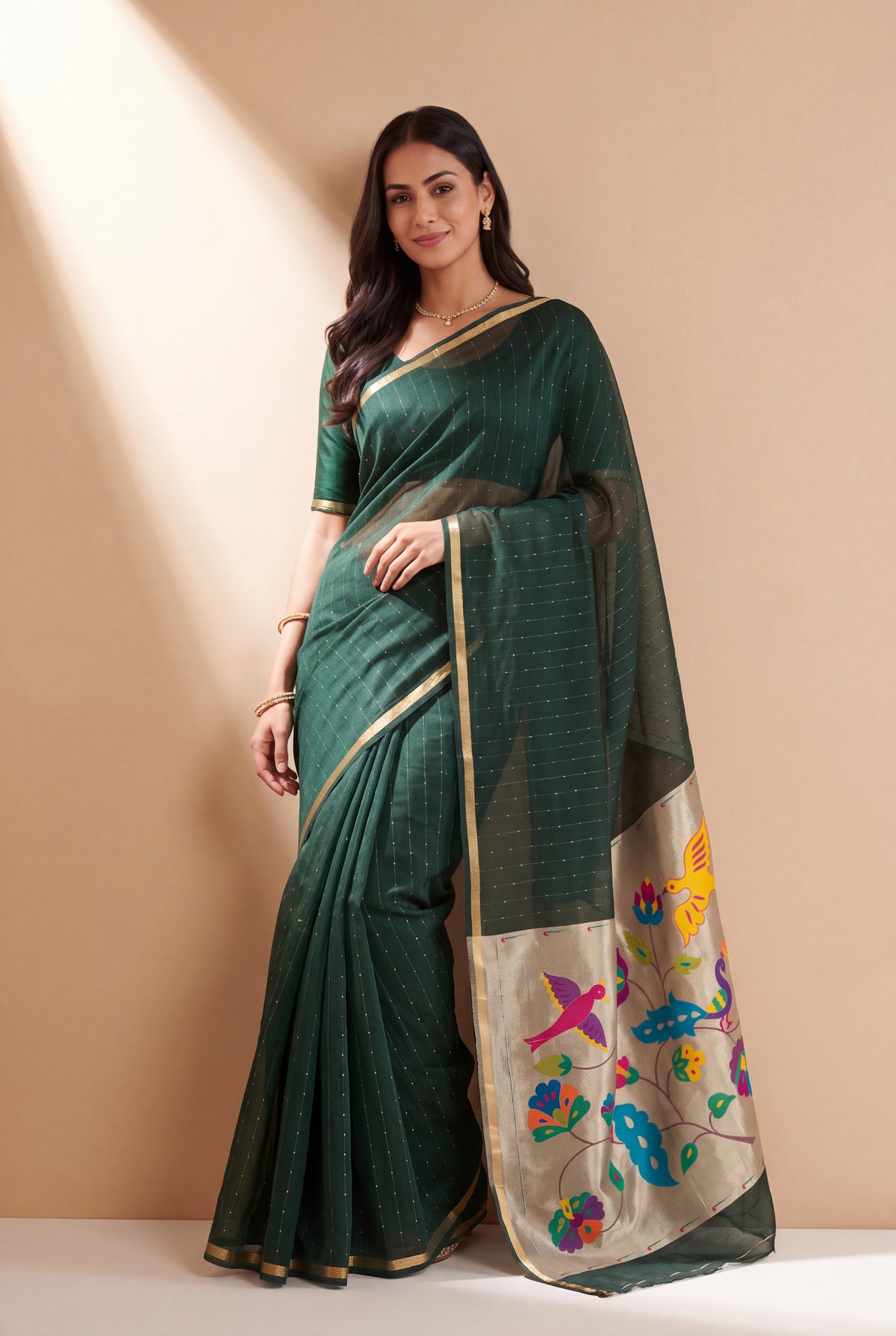 Bottle Green Jamdhani Cotton Paithani Saree with Resham stripes, Zari butti, Sequins work and Yāminī Kusumāvalī Pallu