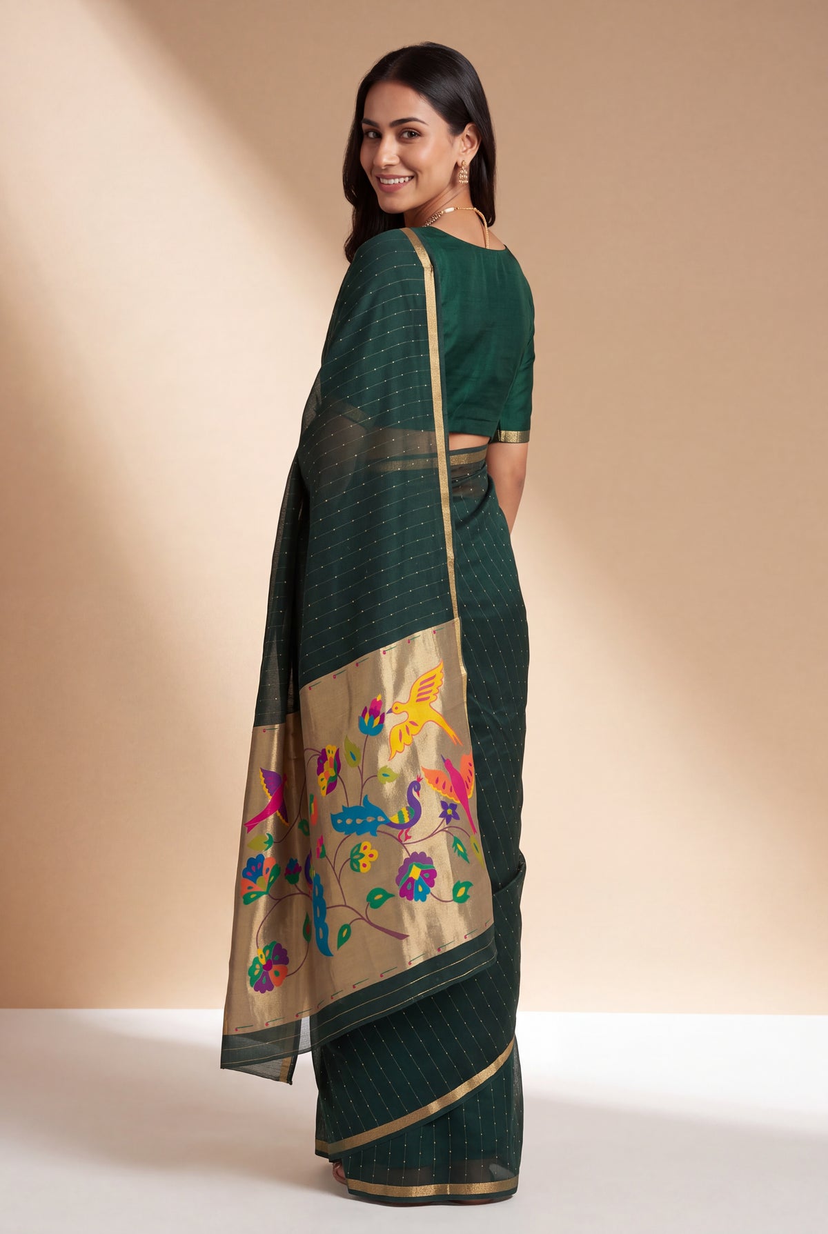 Bottle Green Jamdhani Cotton Paithani Saree with Resham stripes, Zari butti, Sequins work and Yāminī Kusumāvalī Pallu