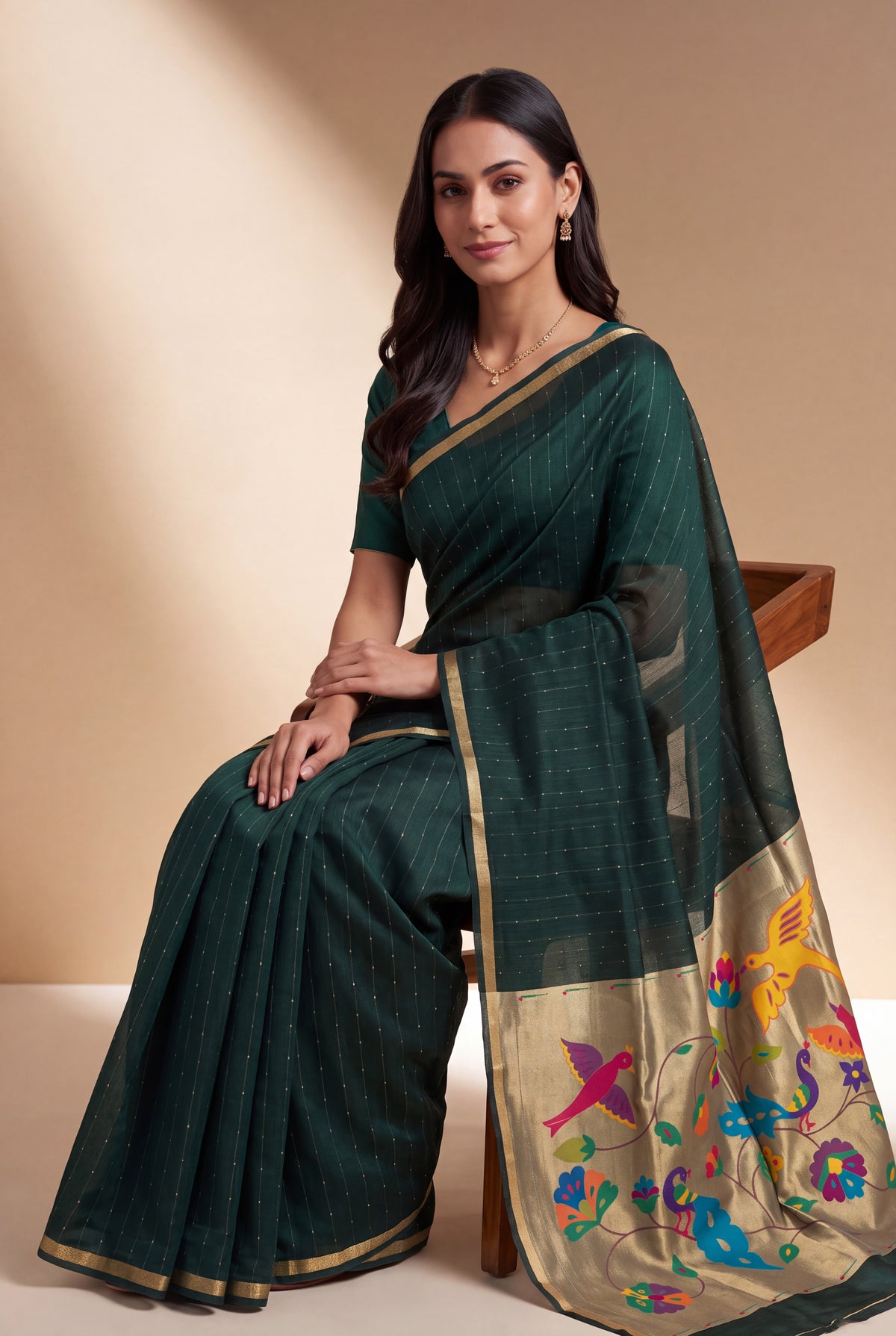 Bottle Green Jamdhani Cotton Paithani Saree with Resham stripes, Zari butti, Sequins work and Yāminī Kusumāvalī Pallu