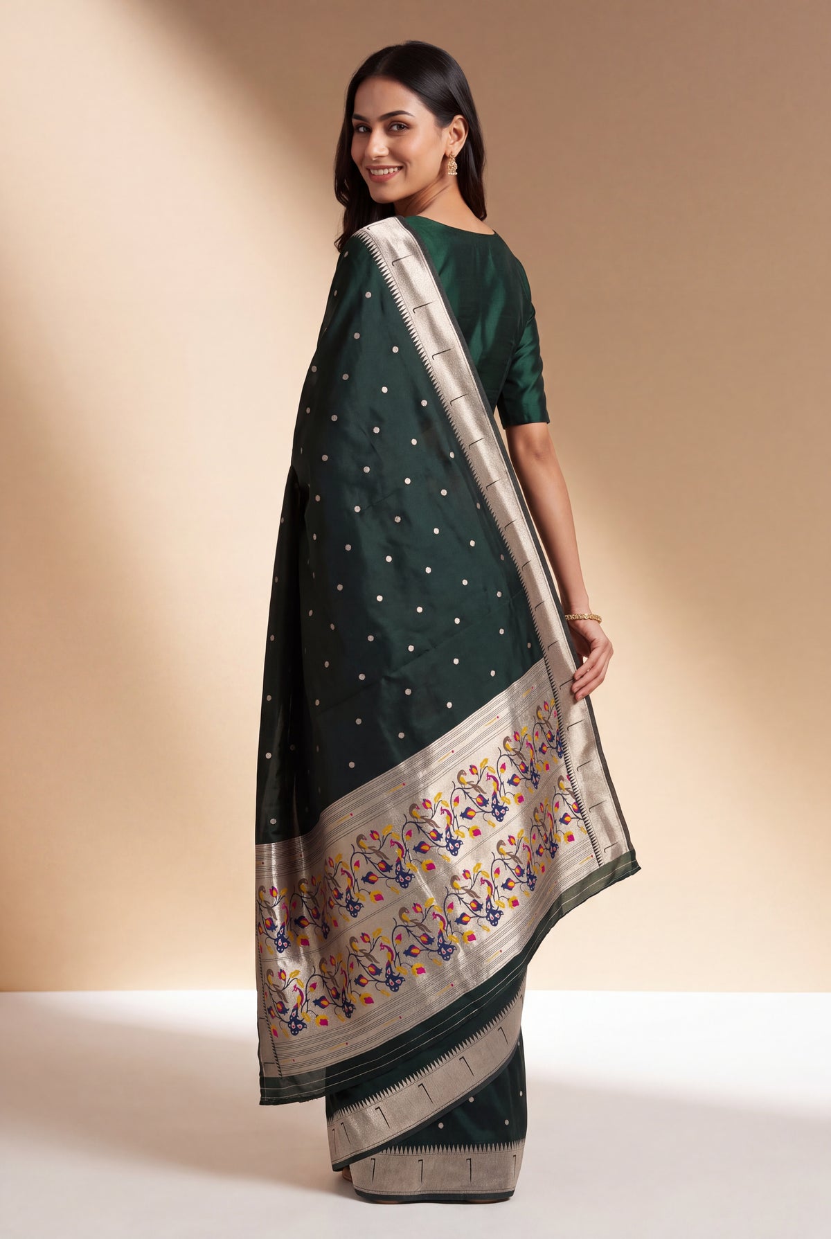 Royal Bottle Green Apurva Silk Paithani Saree with Chitrakusuma Pallu and Munya border