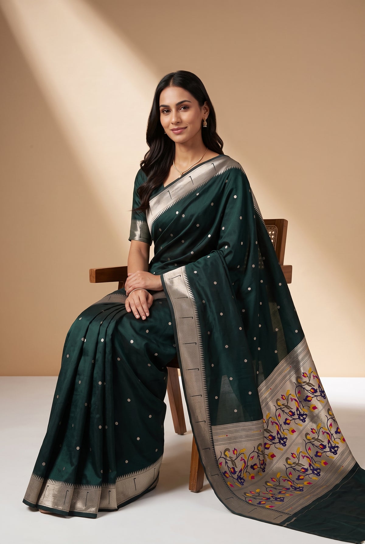 Royal Bottle Green Apurva Silk Paithani Saree with Chitrakusuma Pallu and Munya border
