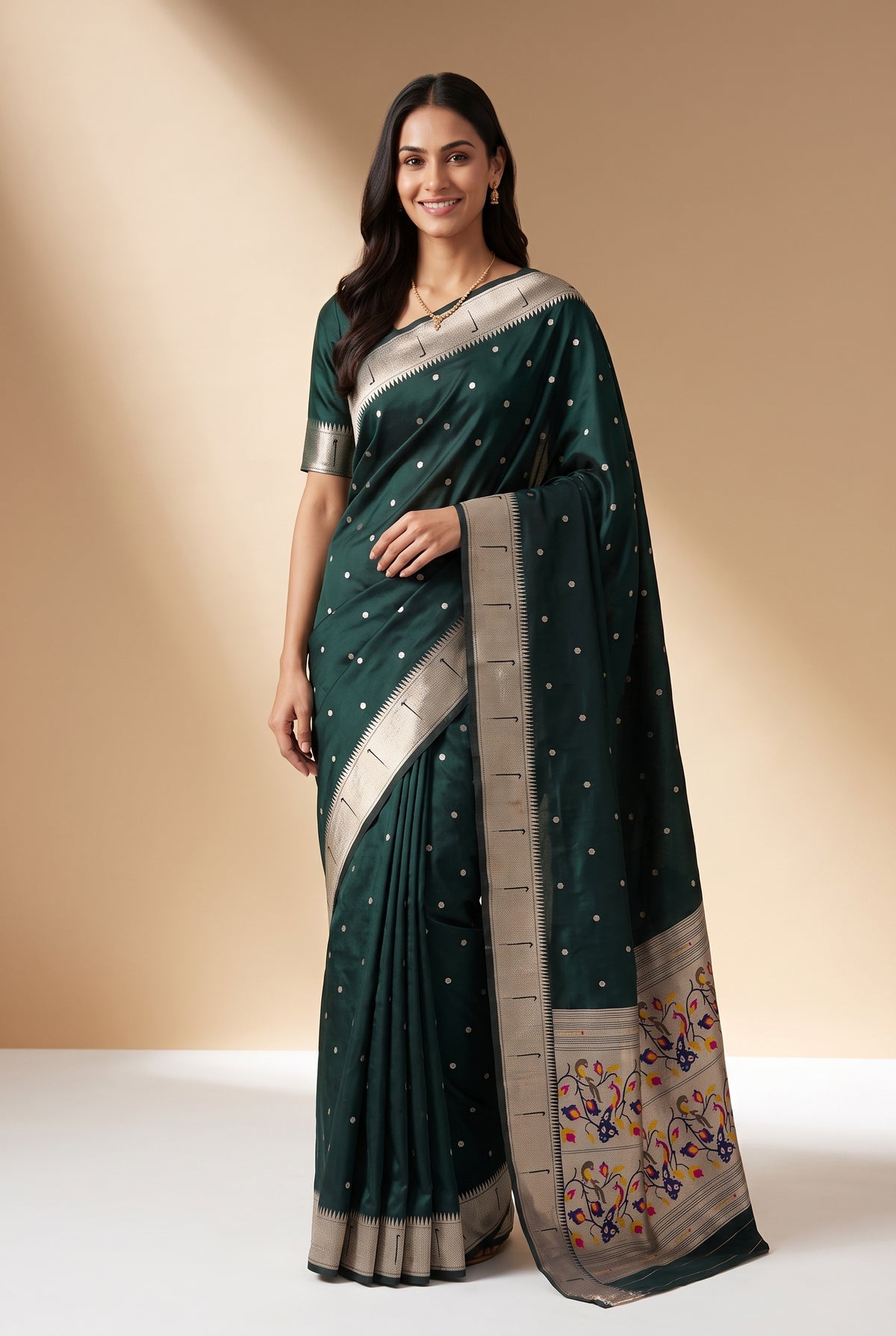 Royal Bottle Green Apurva Silk Paithani Saree with Chitrakusuma Pallu and Munya border