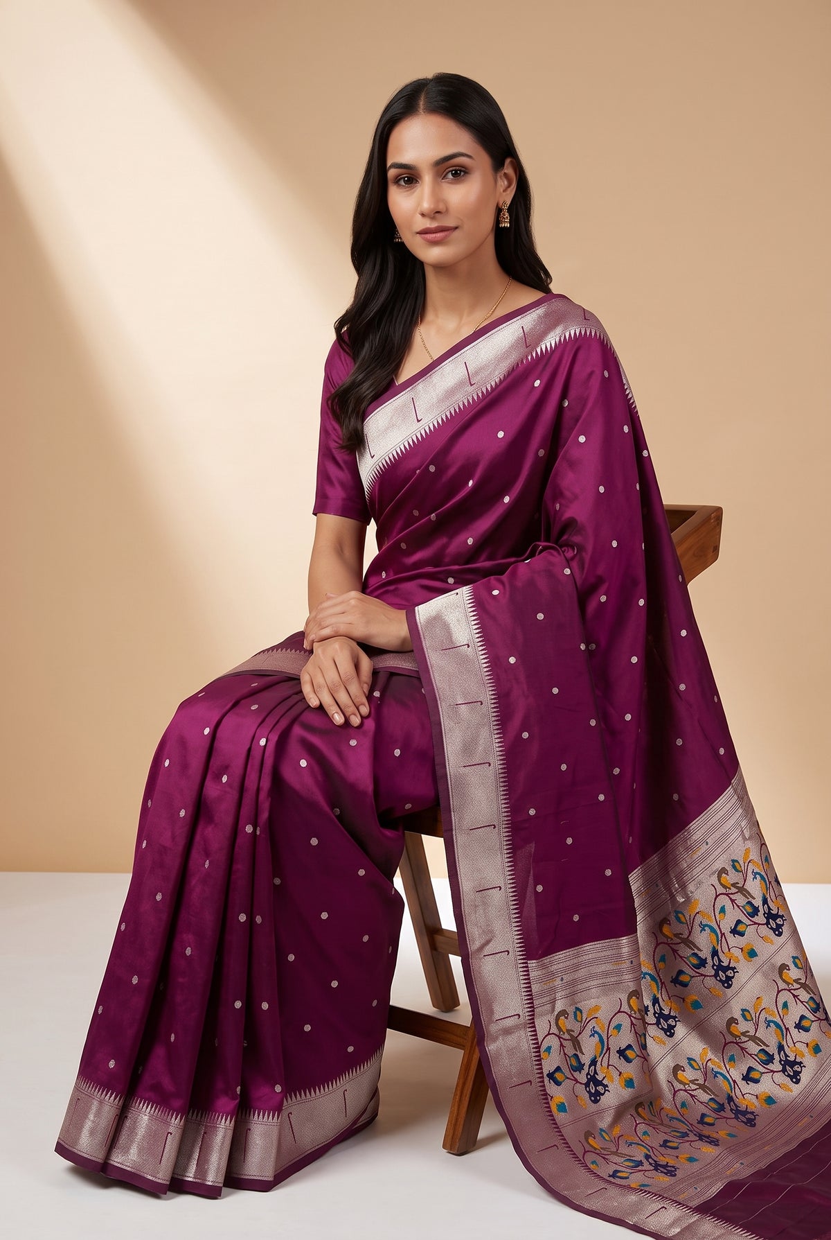 Wine Apurva Silk Paithani Saree with Chitrakusuma Pallu and Munya border