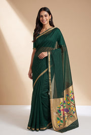 Bottle Green Jamdhani Cotton Paithani Saree with Arunavarṇa Mayura Pallu and Sequins work