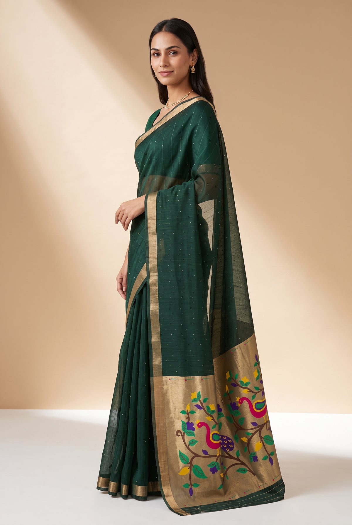 Bottle Green Jamdhani Cotton Paithani Saree with Arunavarṇa Mayura Pallu and Sequins work