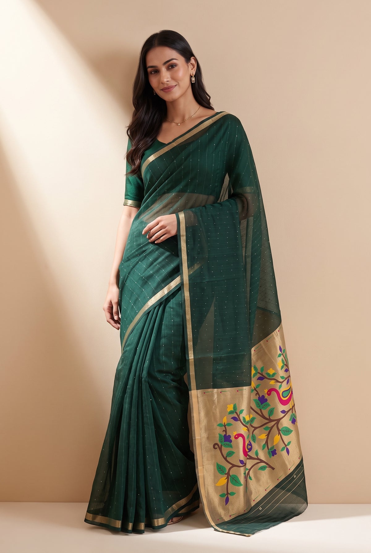 Bottle Green Jamdhani Cotton Paithani Saree with Arunavarṇa Mayura Pallu and Sequins work