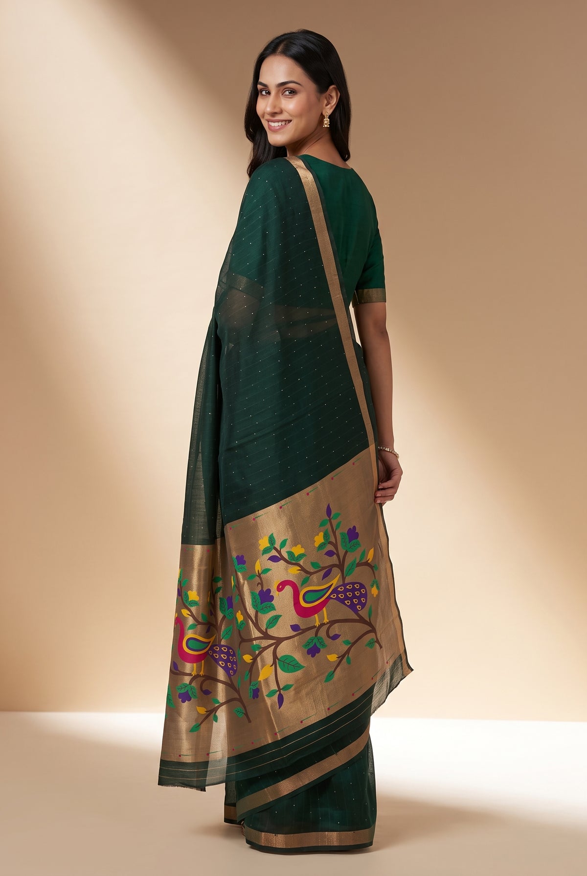 Bottle Green Jamdhani Cotton Paithani Saree with Arunavarṇa Mayura Pallu and Sequins work