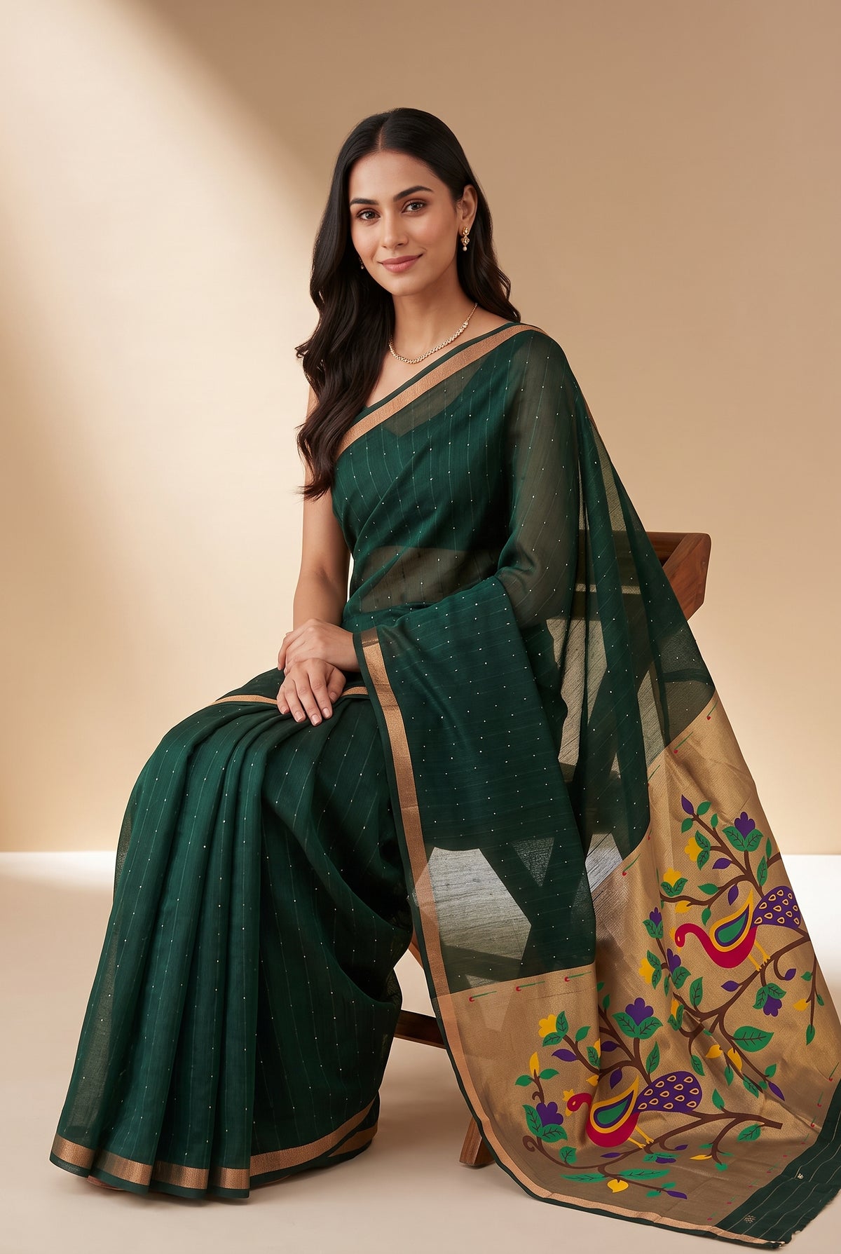Bottle Green Jamdhani Cotton Paithani Saree with Arunavarṇa Mayura Pallu and Sequins work