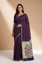 Plum Purple Jamdhani Cotton Paithani Saree with Arunavarṇa Mayura Pallu and Sequins work