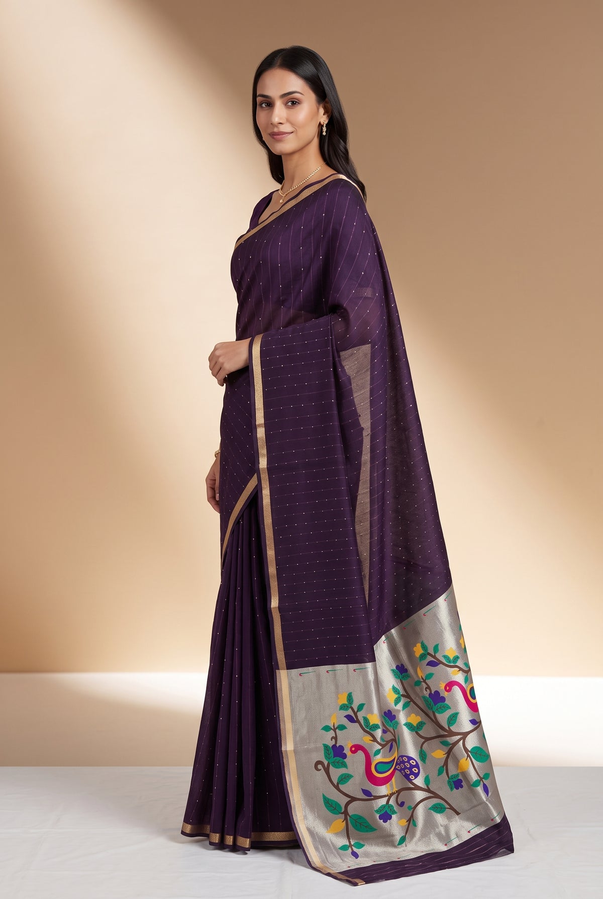 Plum Purple Jamdhani Cotton Paithani Saree with Arunavarṇa Mayura Pallu and Sequins work