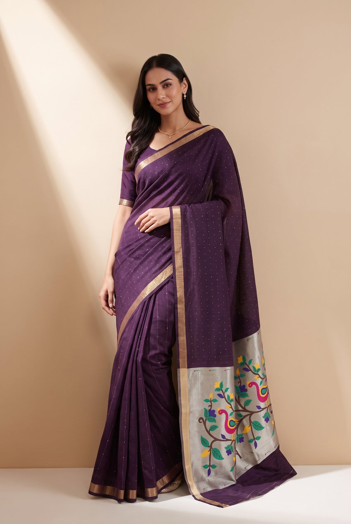 Plum Purple Jamdhani Cotton Paithani Saree with Arunavarṇa Mayura Pallu and Sequins work