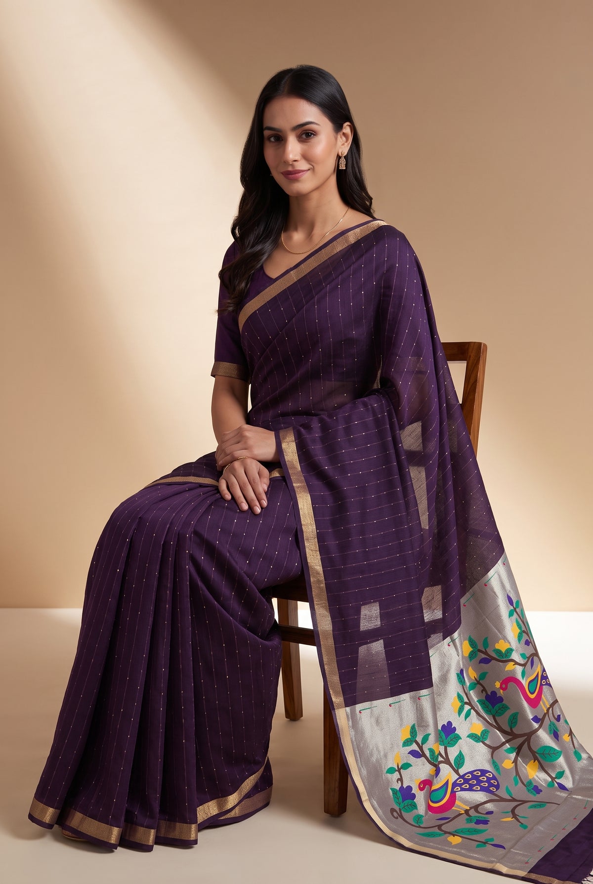 Plum Purple Jamdhani Cotton Paithani Saree with Arunavarṇa Mayura Pallu and Sequins work